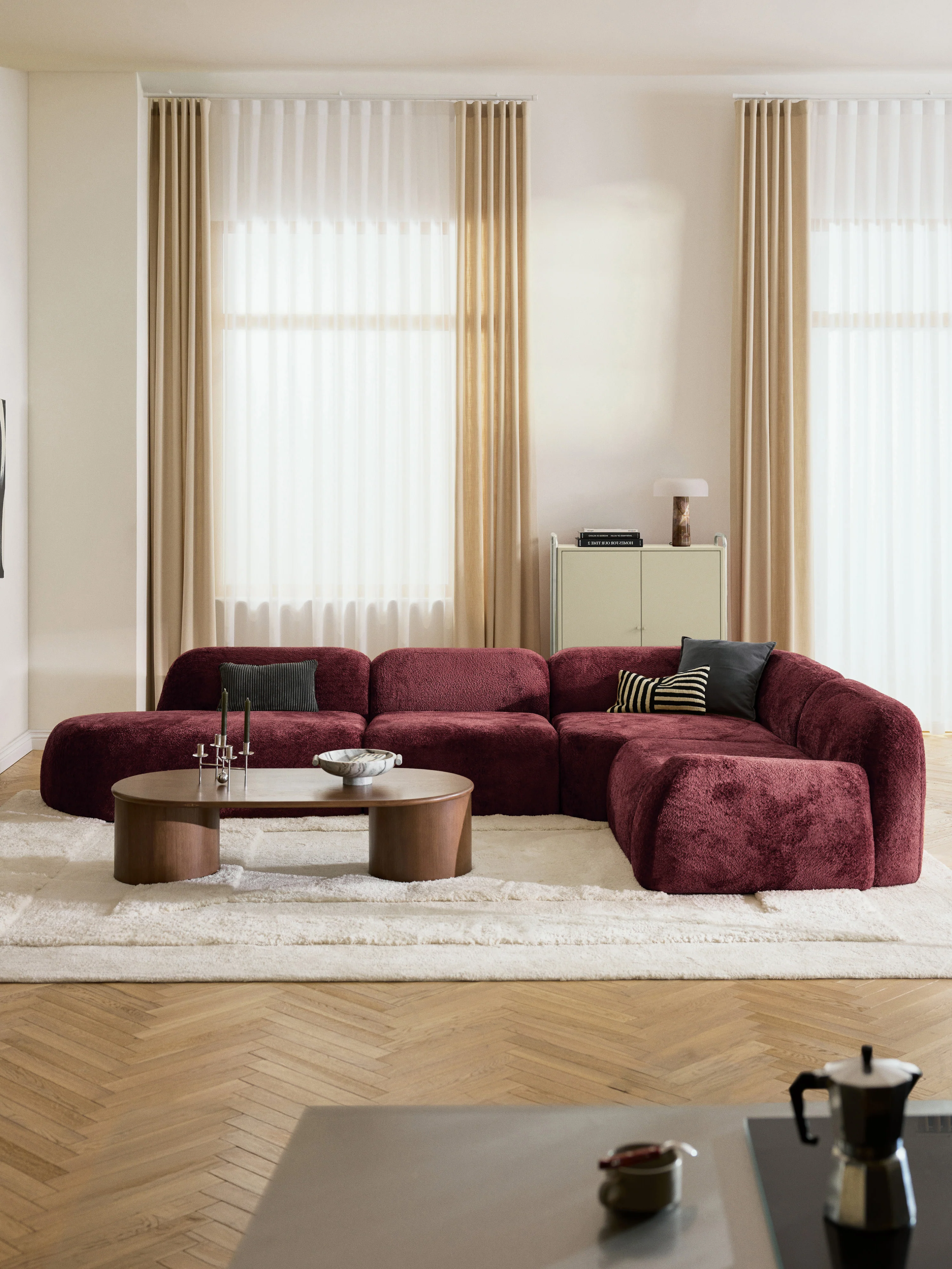 XL modulaire teddy bouclé hoekbank Wolke (4-zits) met chaise longue