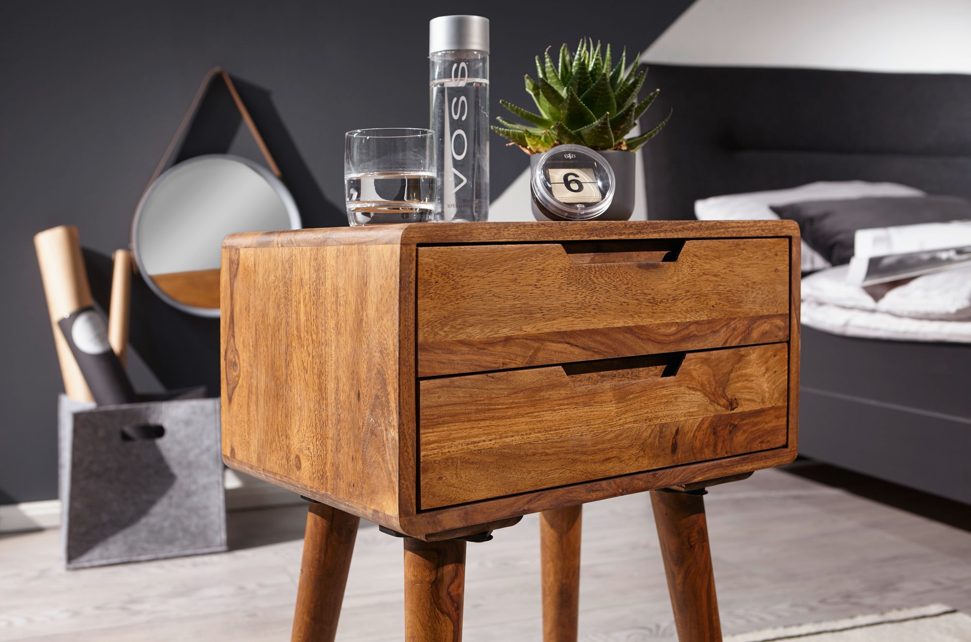 FineBuy Nachtkonsole FB51403 Sheesham Massivholz Nachttisch Nachtschrank braun