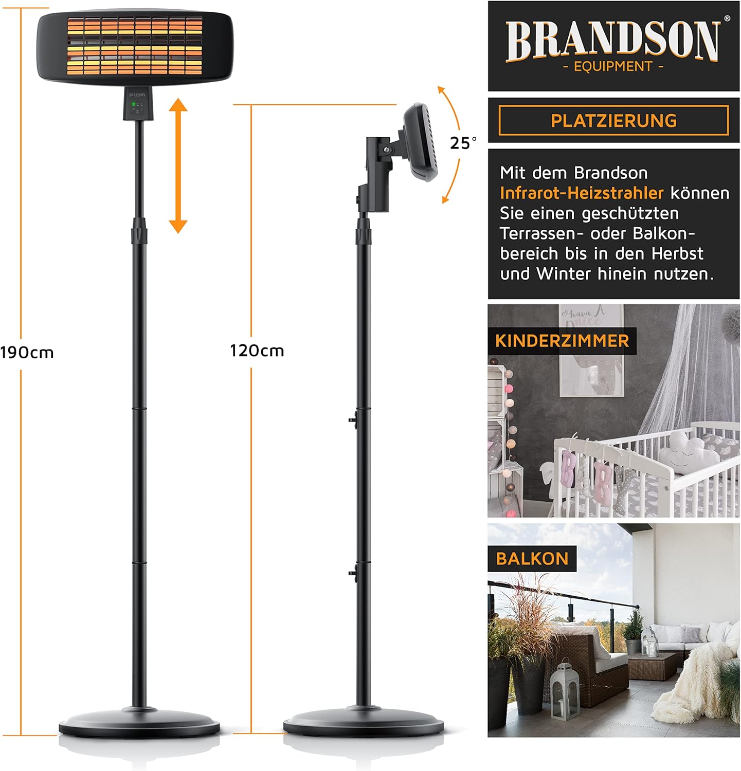 Brandson - Infrarot Heizstrahler mit Fernbedienung - Heizlüfter Terrassenheizstrahler - 3 Leistungsstufen Heizelemente - Inkl. Fernbedienung - LED Power-Indikator - Wandhalterung