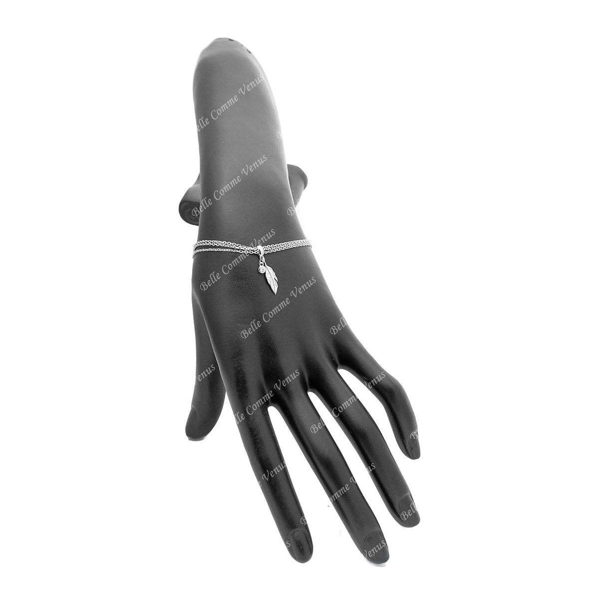 Bracelet 3 rangs plume et oxyde de zirconium pendants Argent 925 Rhodié