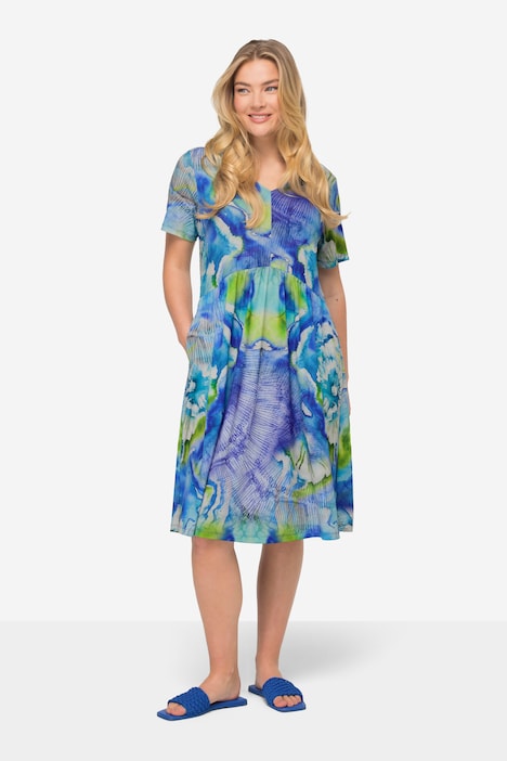 Jerseykleid, Batik-Blüten, V-Ausschnitt, Halbarm