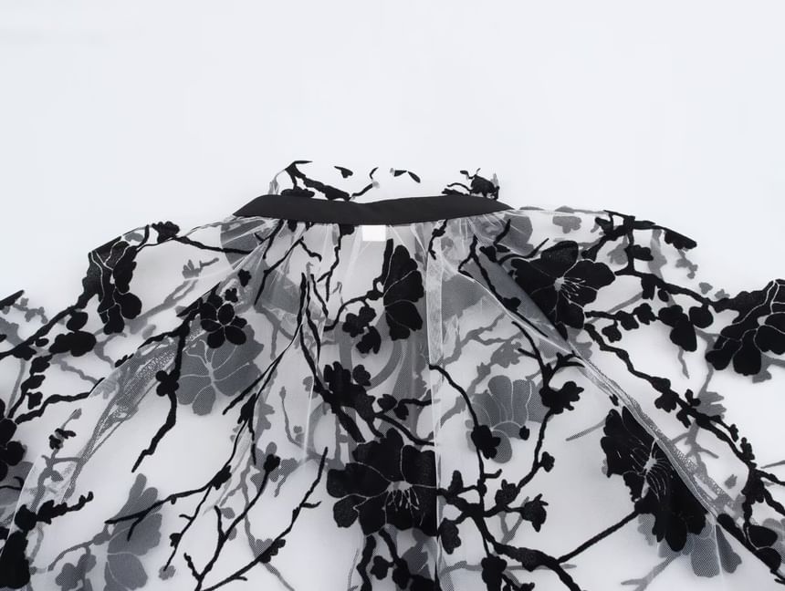 Avauntgardo - Blouse met lange mouwen, opstaande kraag, bloemenprint en doorschijnende strik aan de voorkant