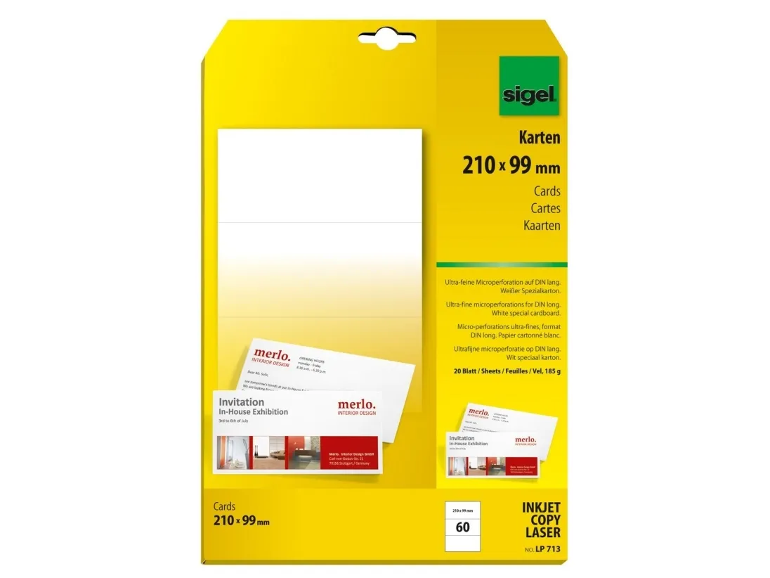Sigel LP713, Laser/inkjet, Hvid, 185 g/m², 99 mm, 210 mm, 60 ark