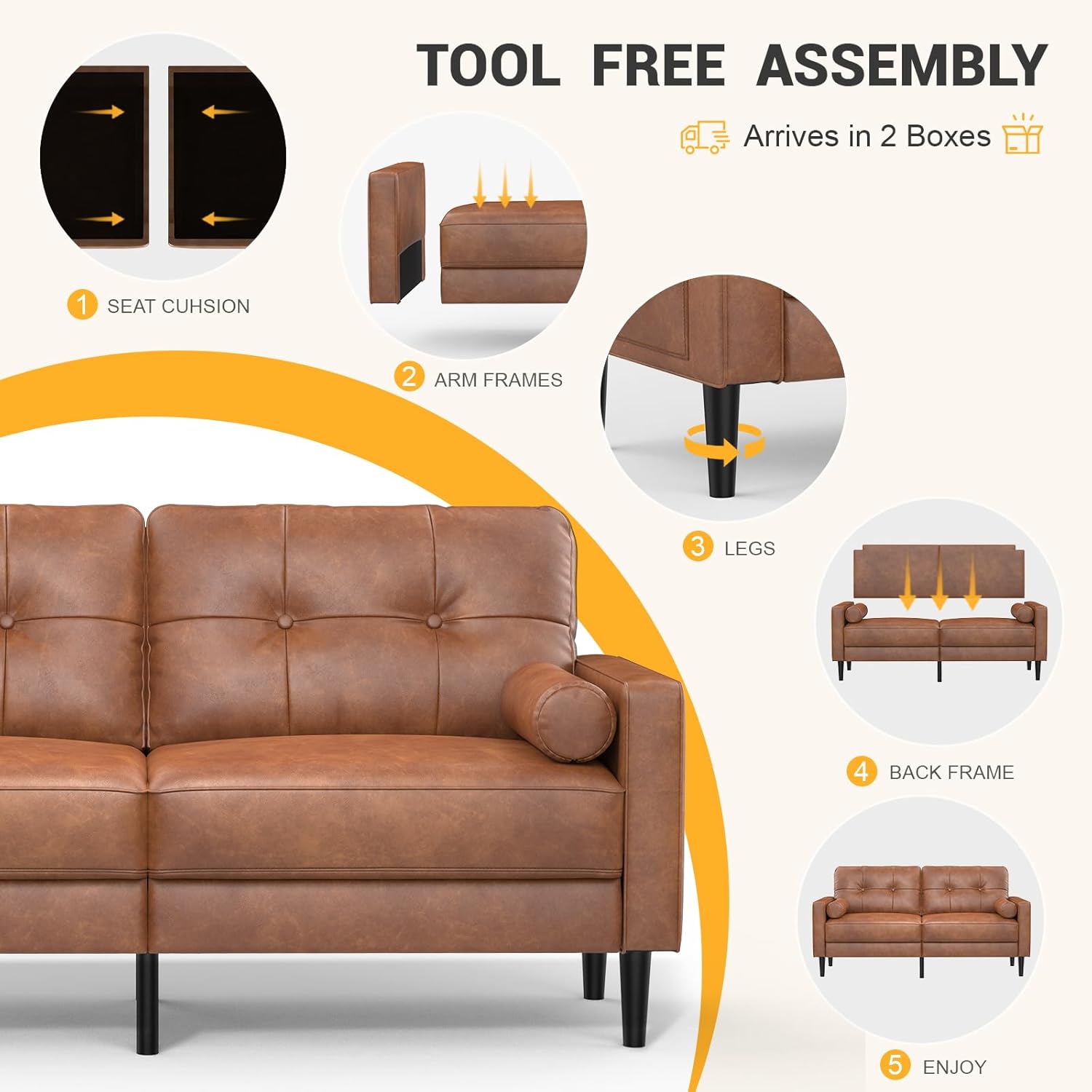 2-Sitzer-Sofa Modern Dick Gepolstert 2 Kissen Komfortables Leder Sofa mit 2 Staufächern für Wohnzimmer Schlafzimmer Büro Einfach zu montieren Klein
