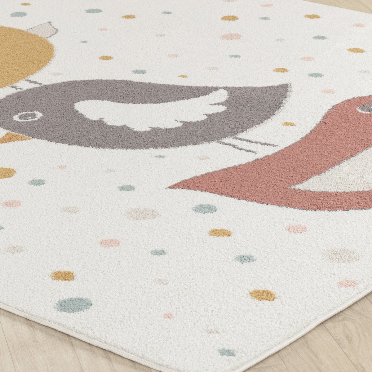 Kinderkleed, vogelmotief, geel/blauw/bruin, 120x170 cm, PIOUPIOU