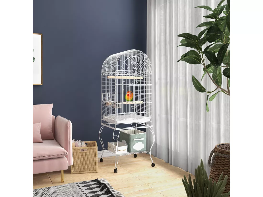 Cage à oiseaux volière sur roulettes - étagère, grille, plateau amovible, 2 bols acier inox, perchoir - acier blanc