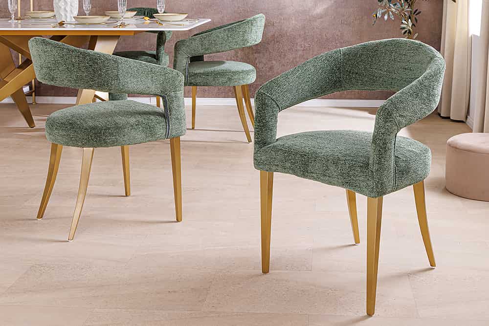 Skandinavischer Stuhl BOUTIQUE grün Strukturstoff brushed champagner gold Metall