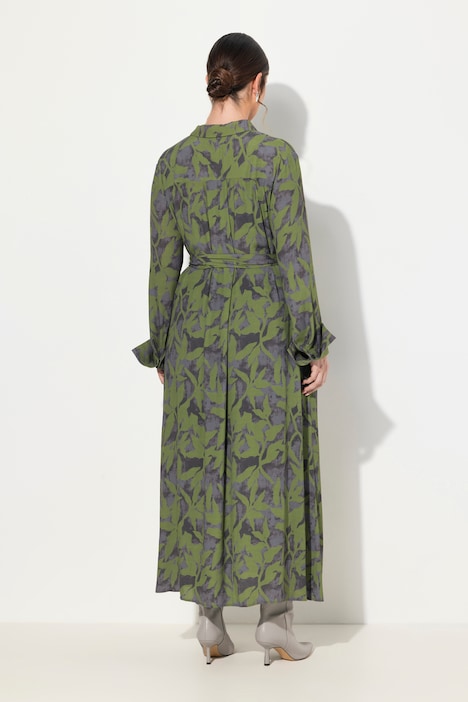 Maxikleid, Blätter, A-Linie, Hemdkragen, Langarm