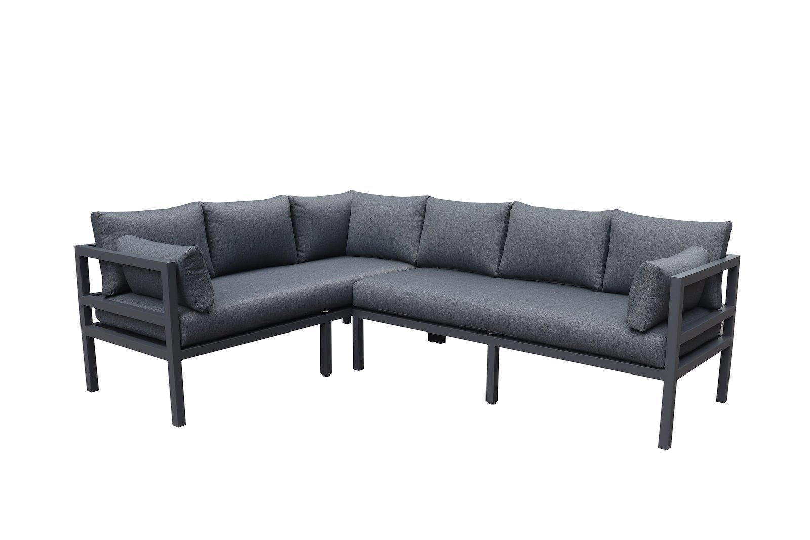 Sicilia utesofa Hagesofa med 2-seter venstre, hjørnemodul og 3-seter høyre. Grå lakkert aluminium med mørk grå puter. Bord selges separat.