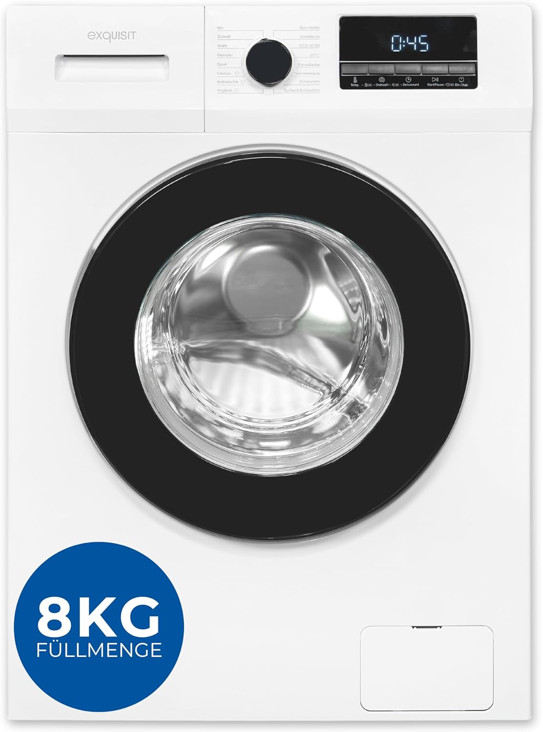 Exquisit Waschmaschine 8kg, Energieeffizienzklasse A, max. 1400 U/Min, Schnellprogramm, Startzeitvorwahl (3-24 Std.), Kindersicherung, Aquastop, ECO, 16 Waschprogramme, WA58014-340A weiss