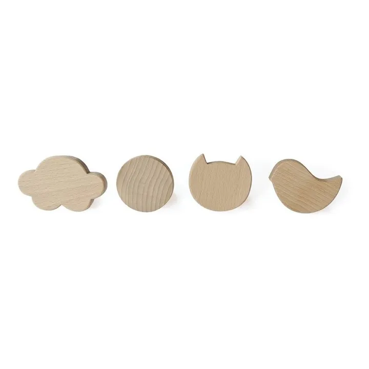 Briki Vroom Vroom Patères nuage, rond, chat, oiseau en bois - Lot de 4