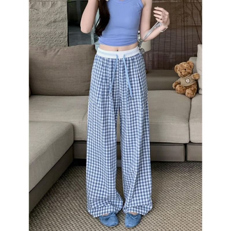 Inchioh - High Rise Gingham Wide Leg Pants