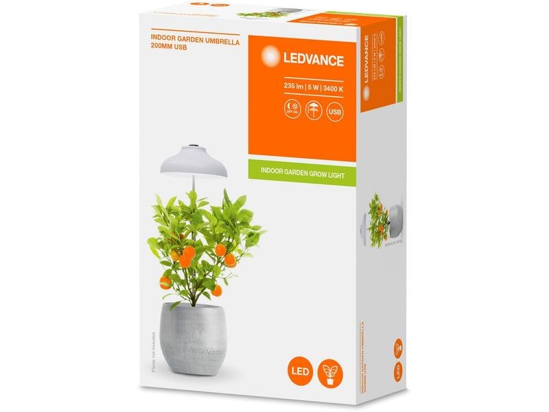 Ledvance Pflanzenleuchte Indoor Garden Umbrella 200 USB WT, Tragbares LED Pflanzenlicht USB betrieben