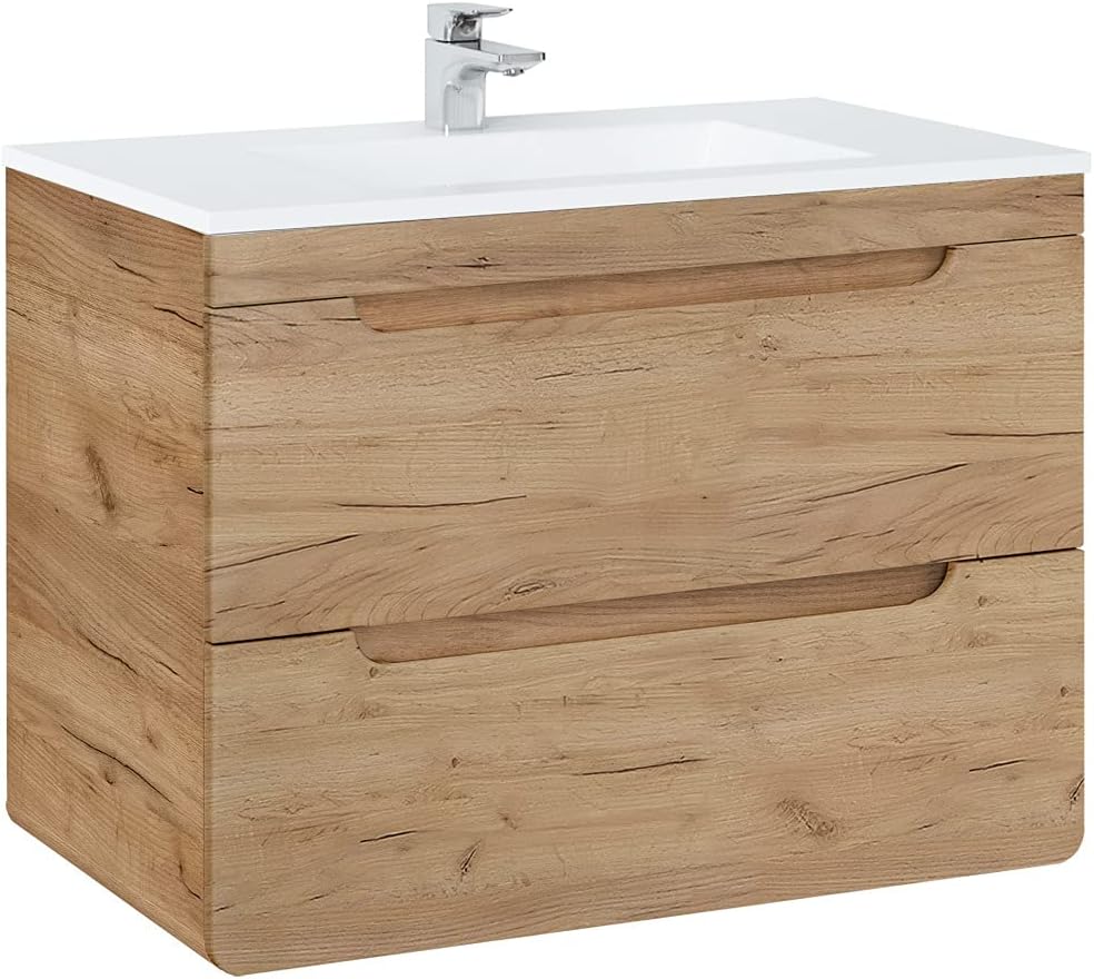 Lomadox Badezimmermöbel Set mit 81 cm Waschtisch & LED-Spiegelschrank, Wotan Eiche Nb., B/H/T ca. 130/200/46 cm