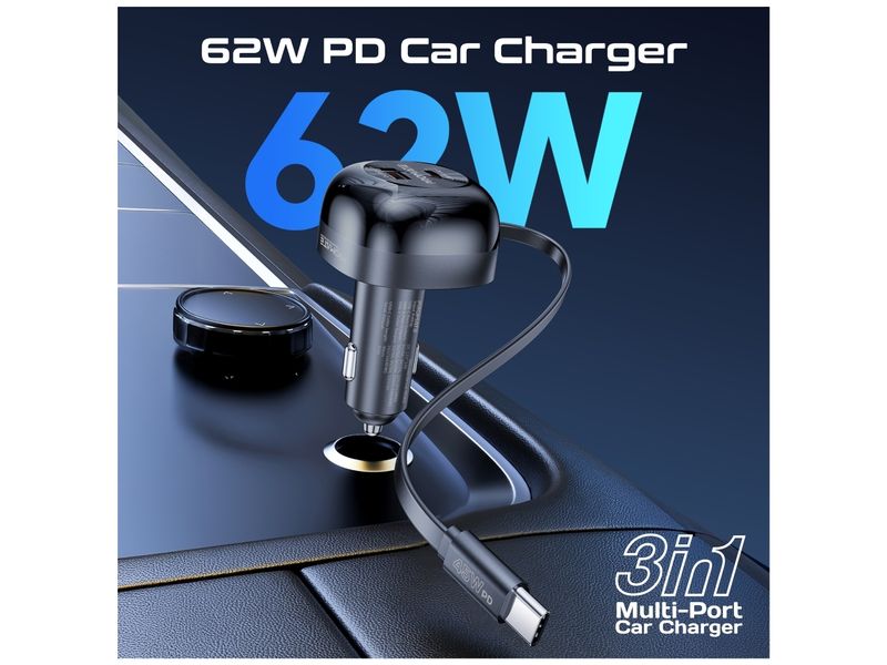 Promate Autoladegerät PowerDrive-RC65 Auto-Ladegerät mit ausziehbarem USB-C-Kabel