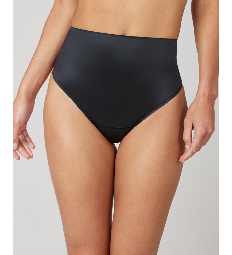 Calcinha fio dental modeladora SPANX preta de cetim