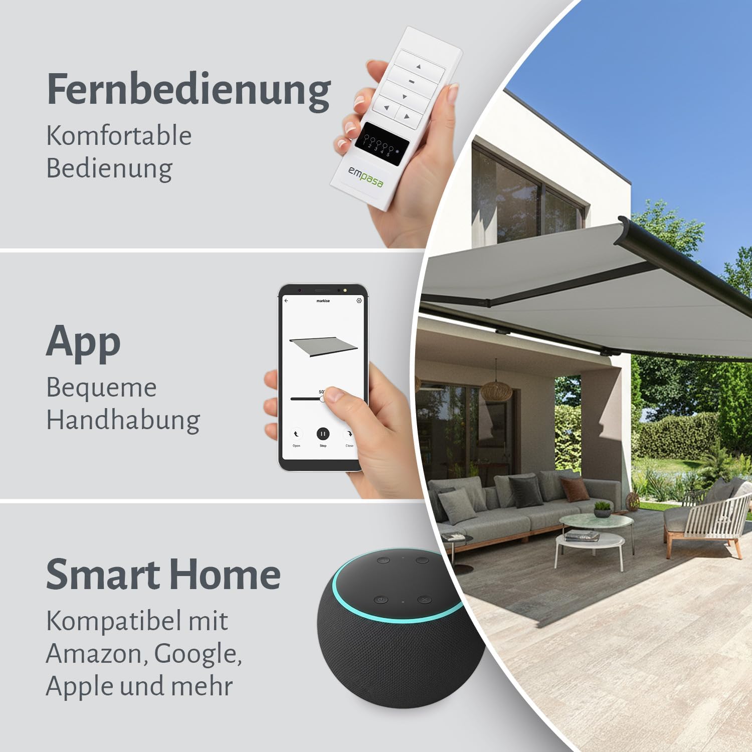 empasa elektrische Vollkassettenmarkise Profi Plus mit WiFi-Motor Smart Home kompatibel Terrassenüberdachung Markise Kassettenmarkise, hellgrau, Verschiedene Größen