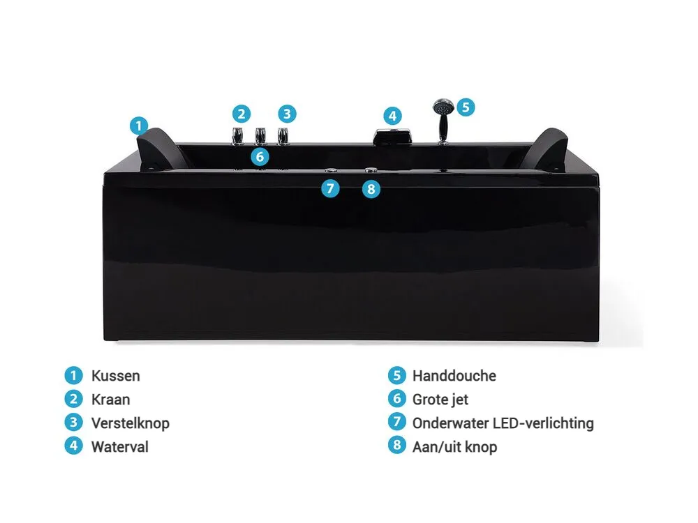 Hoek bubbelbad met LED VARADERO linkszijdig 183 x 90 cm Zwart