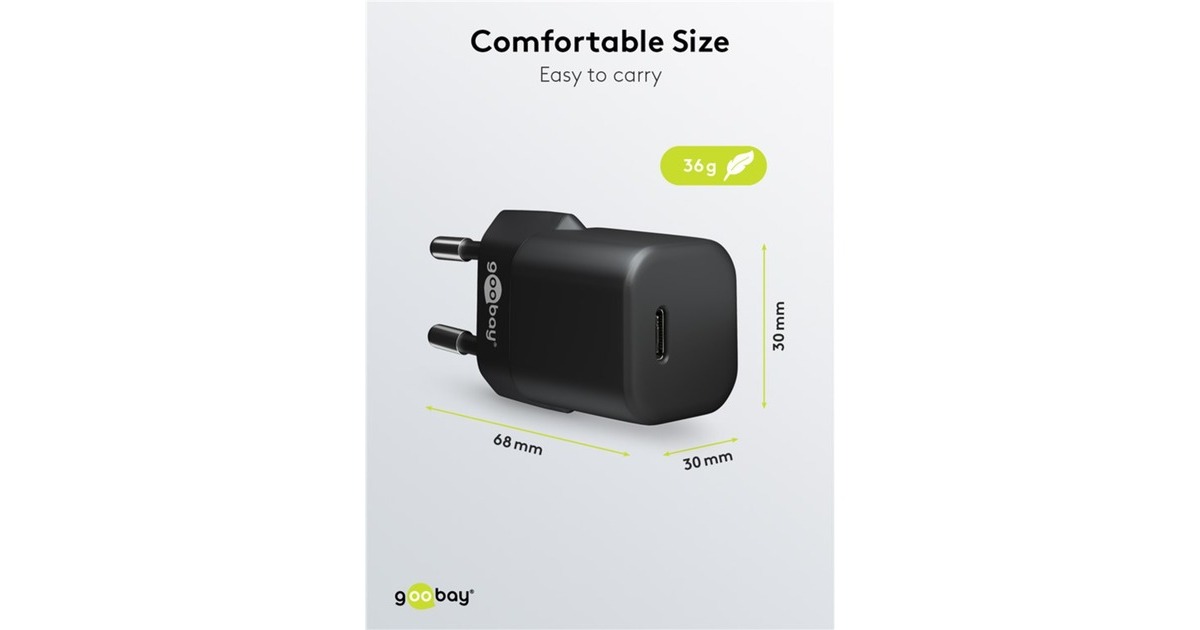 goobayUSB-C PD GaN snellader Nano (20 W)   (Zwart, 1x USB-C, Power Delivery 3.0)