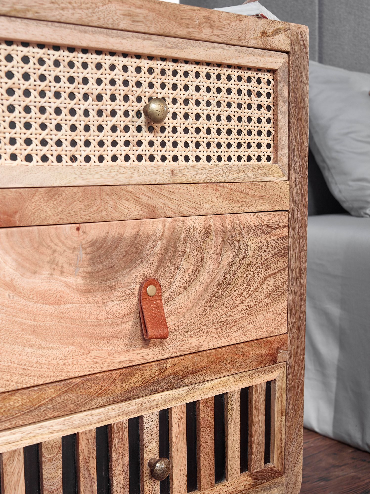 Nachttisch FineBuy Nachtkommode Boxspringbett Massivholz 60 cm Wiener Geflecht