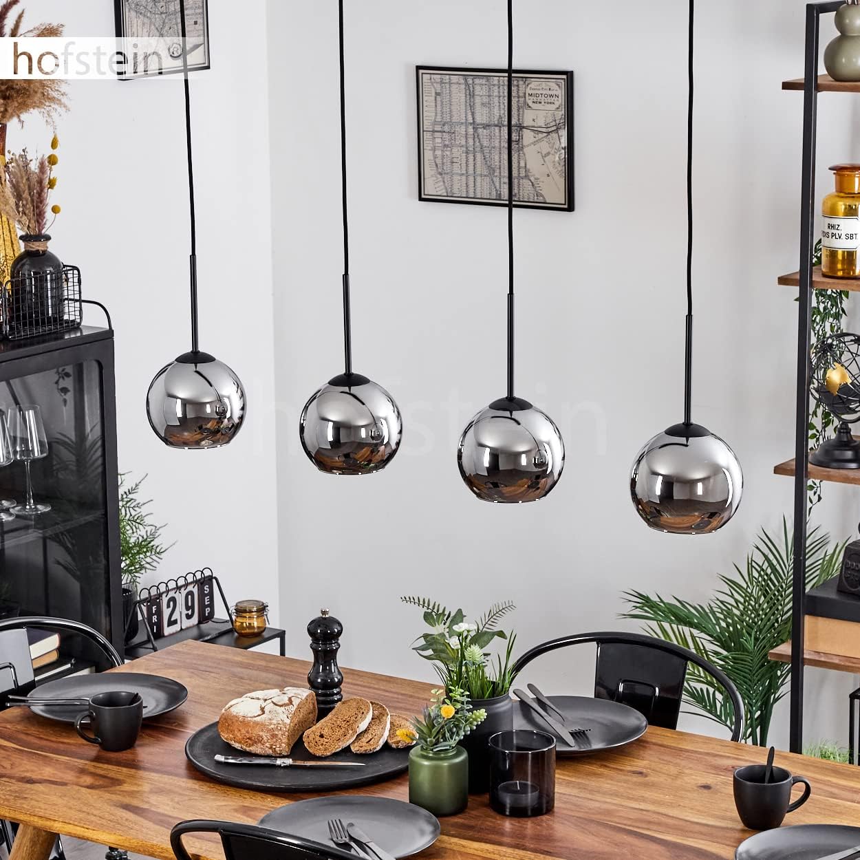Hängeleuchte Koyoto, Hängelampe aus Metall/Glas in Schwarz/Chromfarben, Leuchte 4-flammig im Vintage/Retro Design mit Schirmen aus Glas (Ø 15 cm), Höhe max. 147,5 cm, 4 x E27, ohne Leuchtmittel