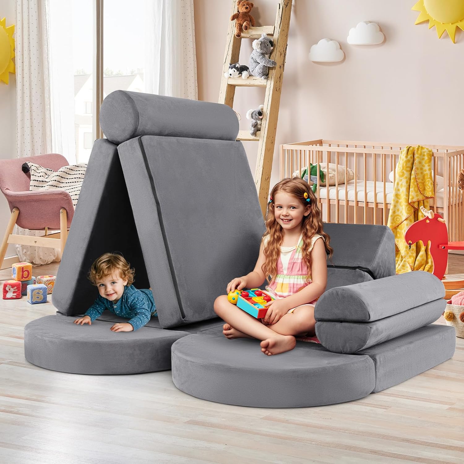 COSTWAY 14 teiliges modulares Kindersofa, Spielsofa aus Schaumstoff, Bausteine-Sofa zum Klettern & Krabbeln, Kinderspielcouch ausklappbar für Kinderzimmer, Spielzimmer (Grau)