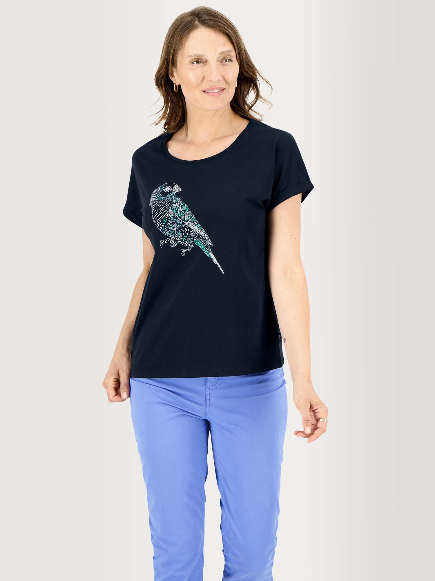Tee Shirt Femme Coton Biologique Motif Perroquet Marine