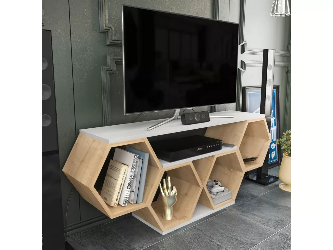 Meuble TV Bal compliments en forme de nid d'abeille, reversible (Chêne et Blanc)