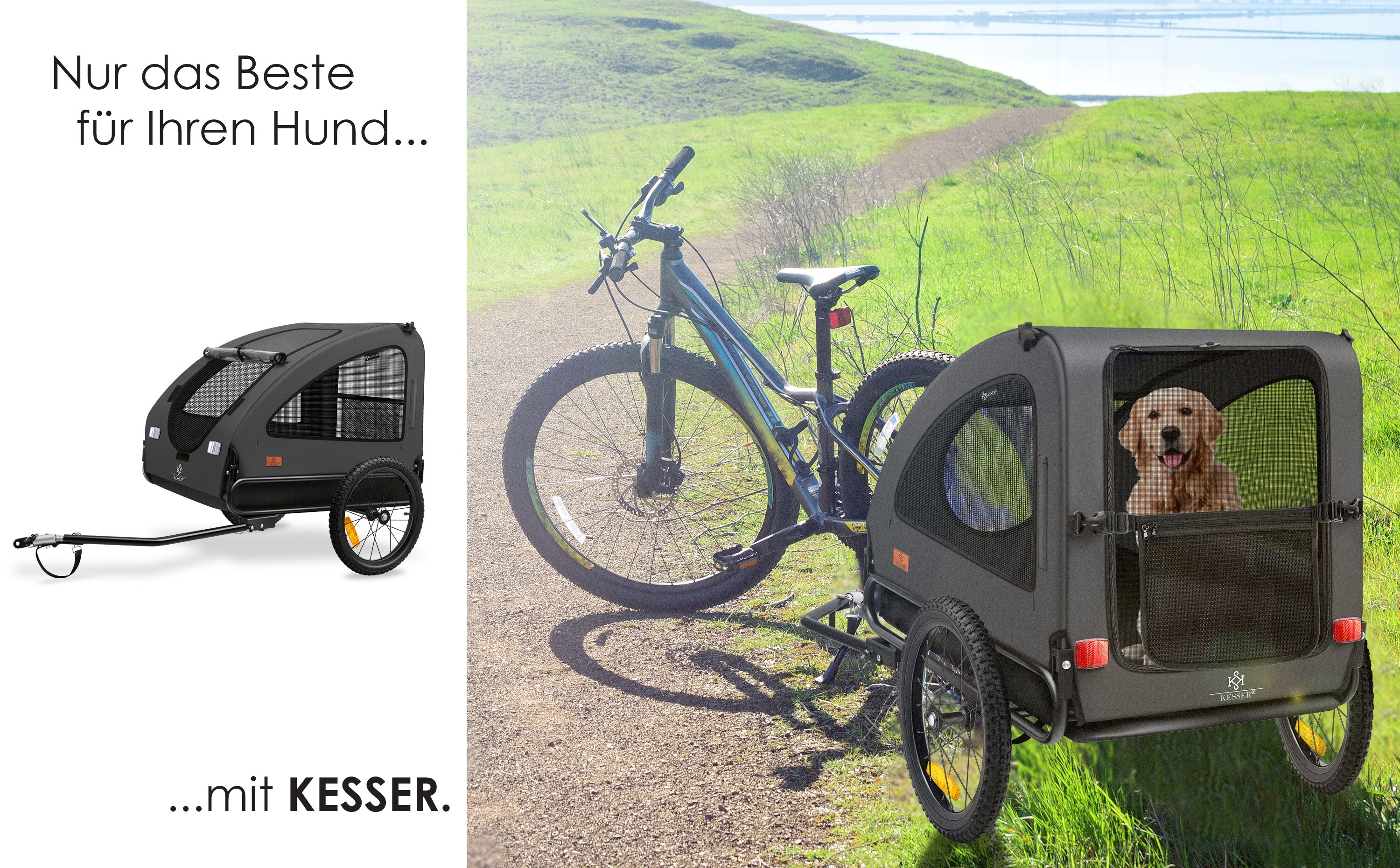 KESSER® Hundeanhänger Boxer 2-in-1 Hundebuggy Fahrradanhänger groß ca. 250L Volumen - Inkl. Fahne und Tasche - 600D Oxford Canvas, Klappbar SmartSpace Concept, maximale Belastbarkeit: 45kg