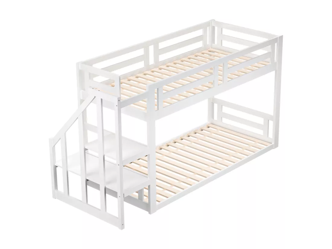 Lit superposé 90x200cm - lit d'enfant avec escalier de sécurité, cadre de lit en bois massif et sommier à lattes - blanc