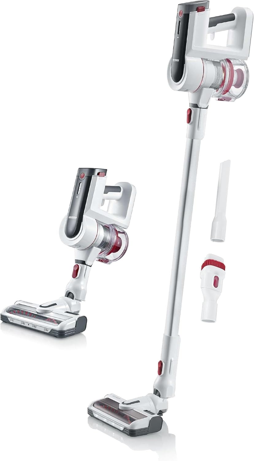 SEVERIN Akku Staubsauger kabellos 60 Min Laufzeit, 2-in-1 Staubsauger für Tierhaare, ultraleicht & beutellos für Teppich, Hartböden & Auto, mit passendem Zubehör, 400 W, weiß, HV 7166
