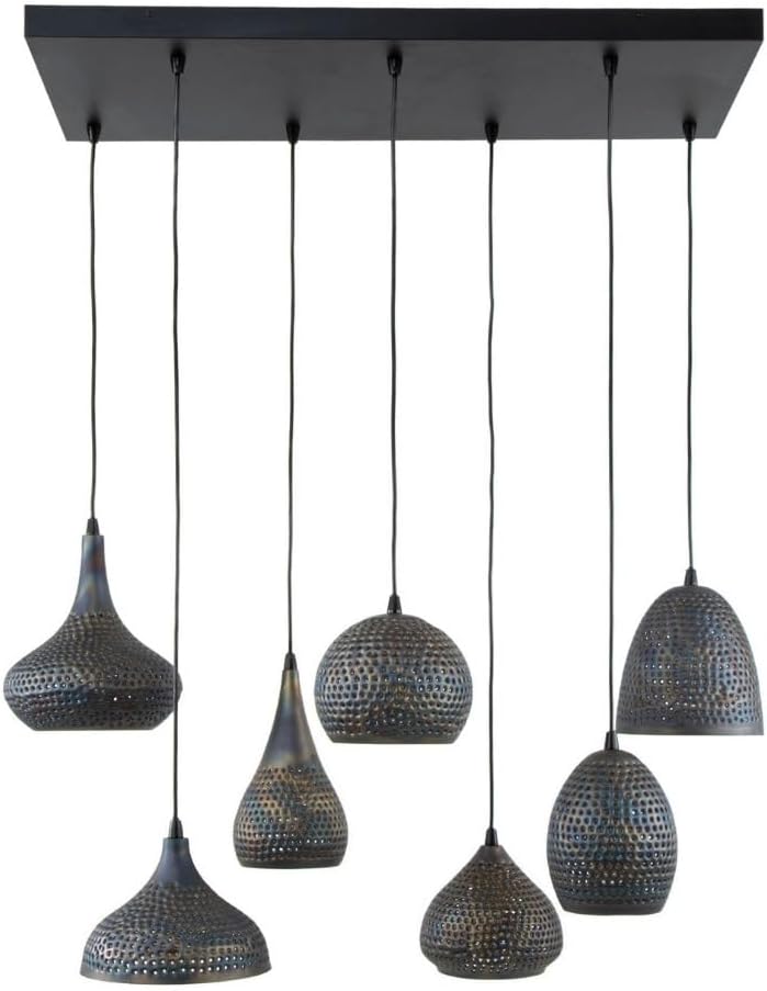 famlights | Pendelleuchte Janko in Braun-antik und Bronze E27 7-flammig
