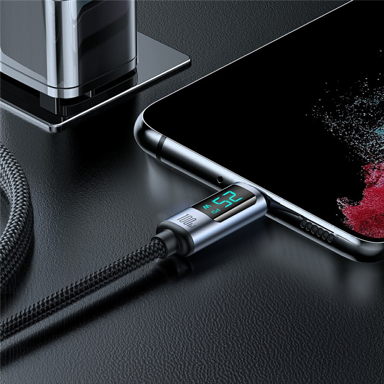 (1.2m) 100W USB C auf USB C Ladekabel Nylon Datenkabel mit LED Spannungs Anzeige - Schwarz