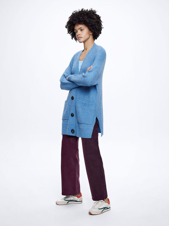 Cardigã de tricô com bolsos - Azul