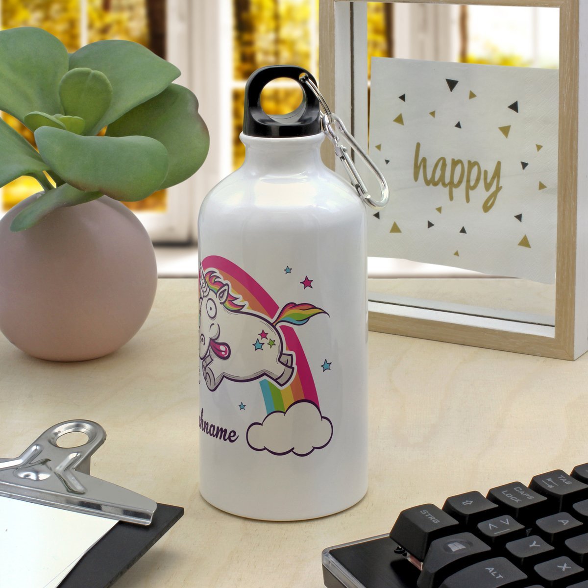 Alu-Trinkflasche mit Namen, 500 ml, weiß (Motiv: Einhorn)