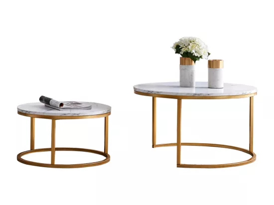 Lot de 2 Tables Basses gigognes - Marbre Blanc avec Structure en métal Dore - Table d'appoint Ronde - Table de salon Moderne, Tables de salon pour salon, Chambre à Coucher, Balcon