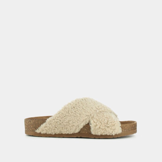Mules à brides croisées  en fourrure beige