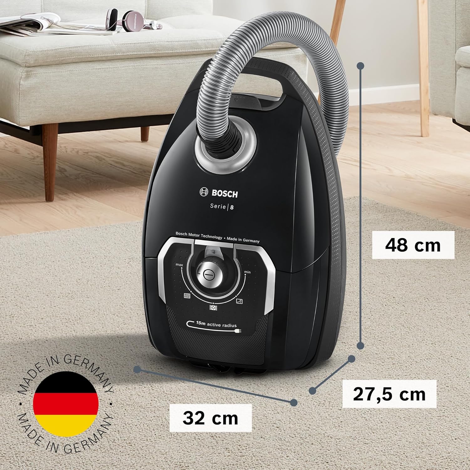 Bosch Staubsauger mit Beutel Serie 8 BGL8XALL, Testsieger, ideal für Allergiker, Hygiene-Filter, 10 Jahre Motorgarantie, Hartbodendüse, XXL-Polsterdüse, langes Kabel, Made in Germany, 650 W, schwarz