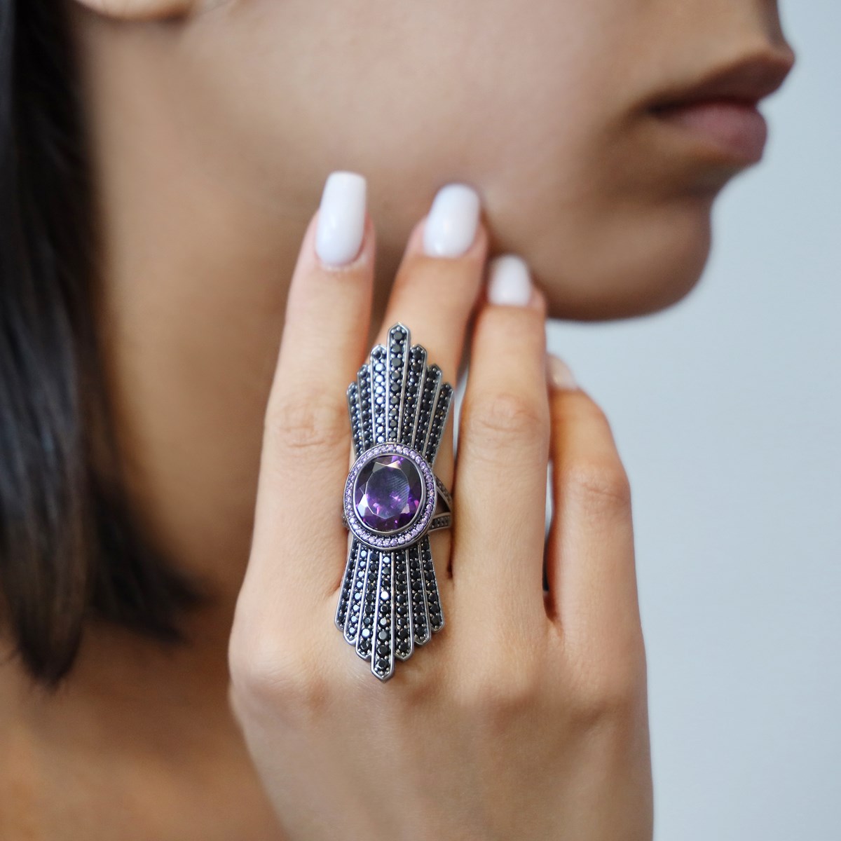 Bague Noire Noeud Papillon Améthyste Argent
