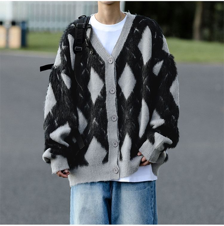 Whyessa - V-hals Argyle Fluffy Cardigan
