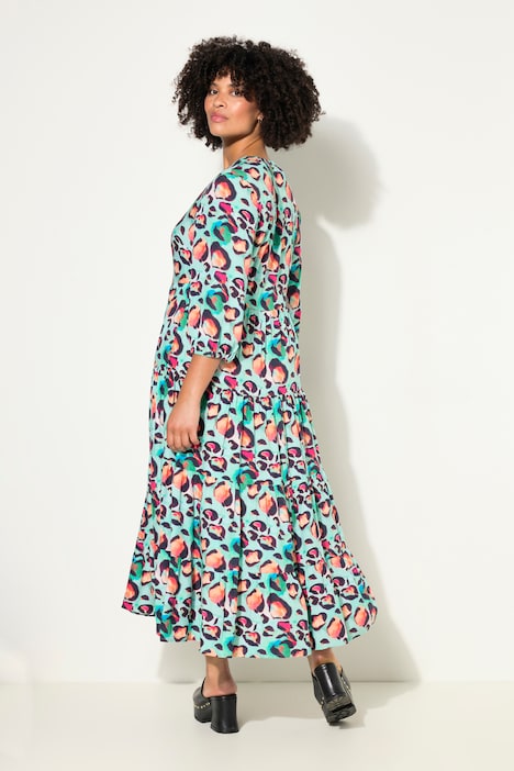 Maxikleid, Leo Muster, Knopfleiste, Volants, 3/4-Ärmel