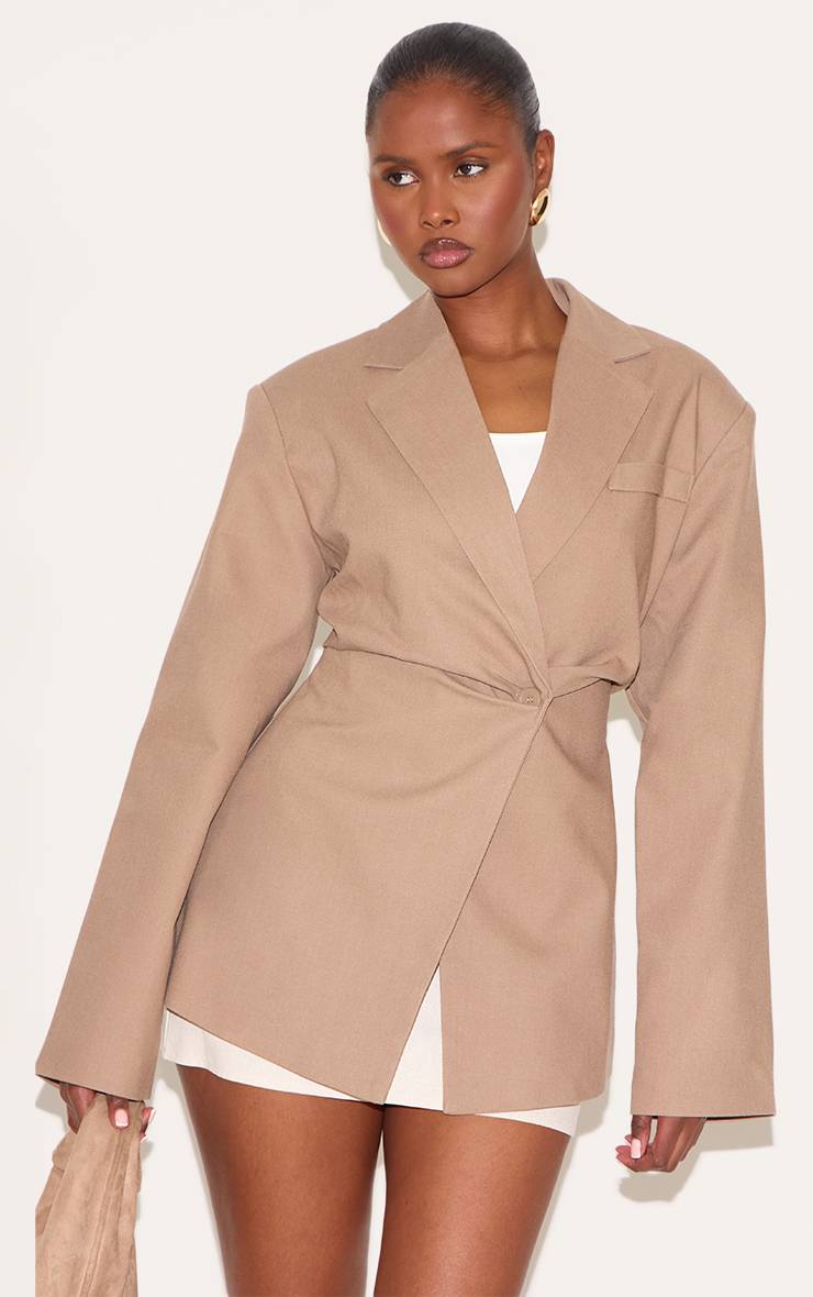 Taupe Blazer Cintré Taille Ajustée Aspect Lin