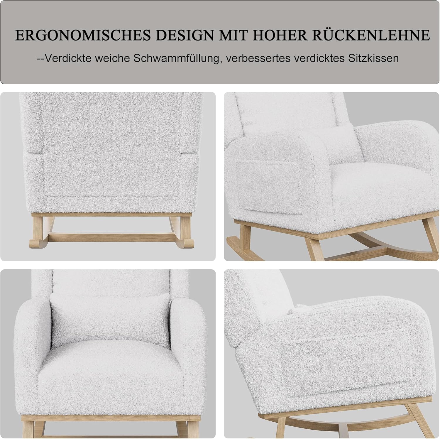Schaukelstuhl,Stillsessel Schaukelsessel mit Lendenkissen,Teddy Velvet Gepolsterter Sessel mit Holzbeinen & Seitentaschen, Schwingsessel für Wohnzimmer Schlafzimmer Balkon (Weiß-C)