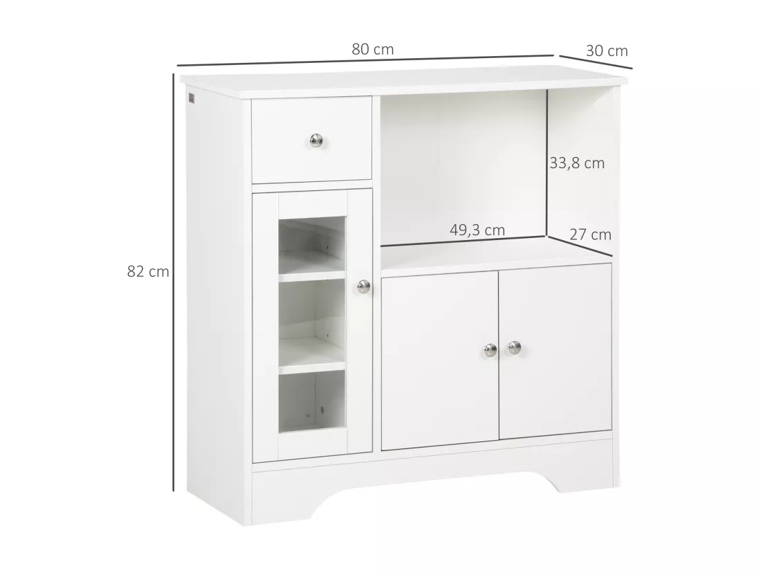Buffet de cuisine meuble de rangement moderne avec porte en verre, tiroir, grande niche et étagères réglables, 80 x 30 x 82 cm, blanc