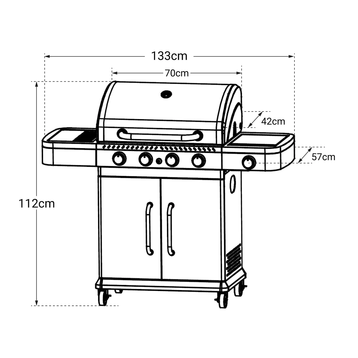 Barbecue au gaz FIDGI 4 avec thermomètre - 4 brûleurs + réchaud 14,5kW