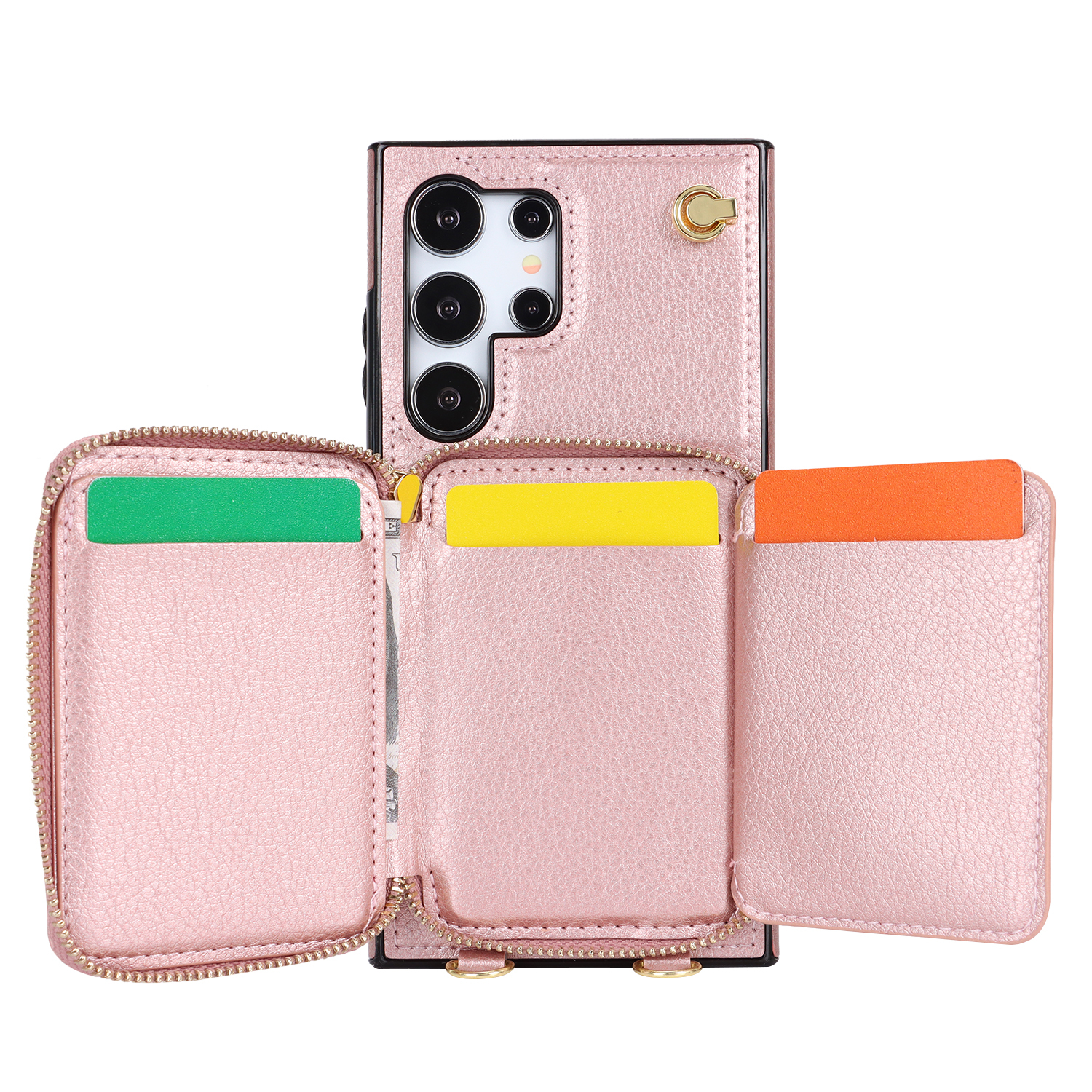 Samsung Galaxy S24 Ultra Necklace Leder Schutz Hülle mit Kartenfächer   Handykette (140cm) - Roségold