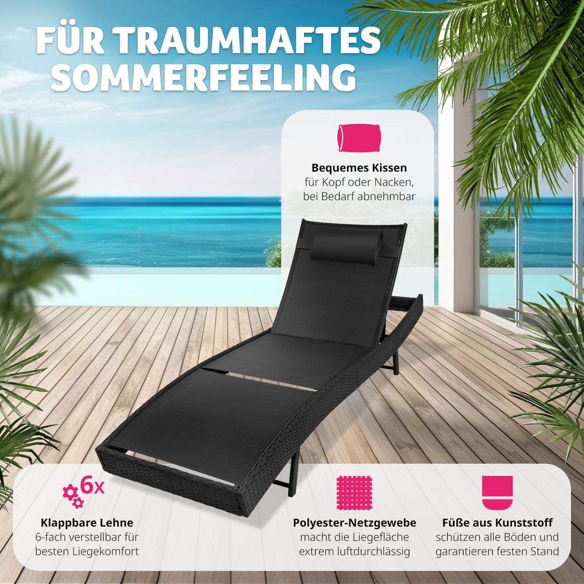Rotan ligstoel tectake Moana, duurzaam en UV-bestendig, 69 x 211 x 41 - 94 cm