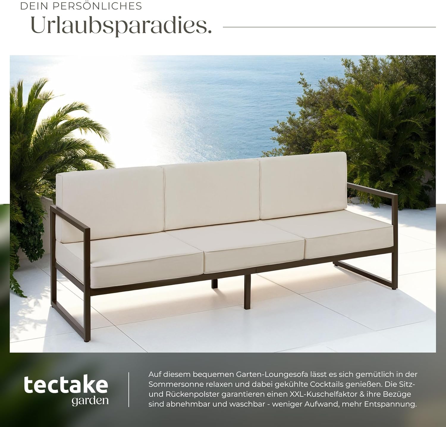 tectake® Garten Lounge Sofa 3 Sitzer, Couch, Gartenmöbel, Balkonmöbel, Terrassenmöbel, Wintergarten Lounge Möbel Outdoor, Gartenbank wetterfest, Sitzbank mit Lehne, Gartenlounge - 3 Sitzplätze