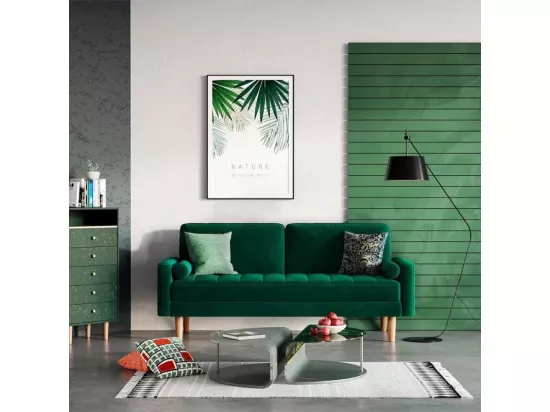 Canapé 2 Places en Velours Vert, Canapé de Salon Moderne, avec Accoudoirs et pieds en bois effilés, un dossier bas - 148.5x78x85cm