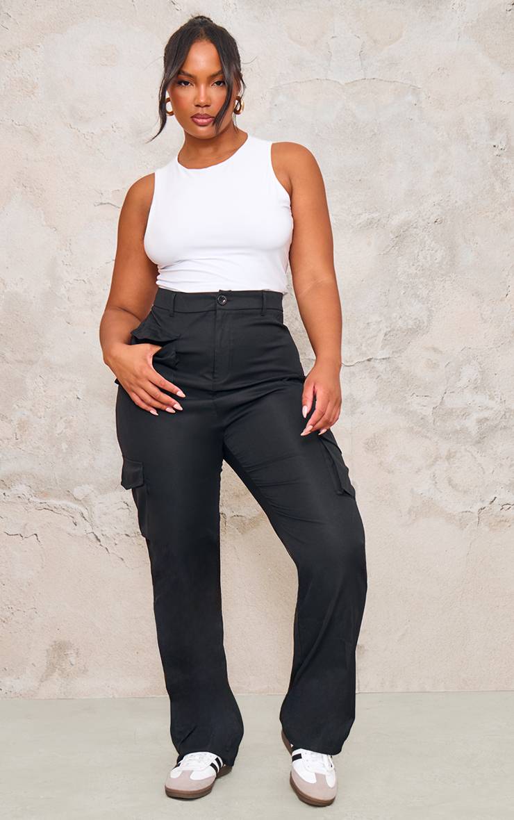 Noir Pantalon Cargo Grande Taille Jambe Droite Avec Poches Plaquées